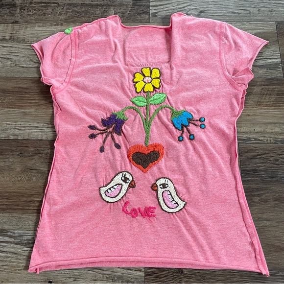 Y2K Joystick boho floral bird embroidered tshirt S - Picture 2 of 7